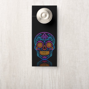 Affichette De Porte Crâne de sucre néon noir/bienvenue jour des morts