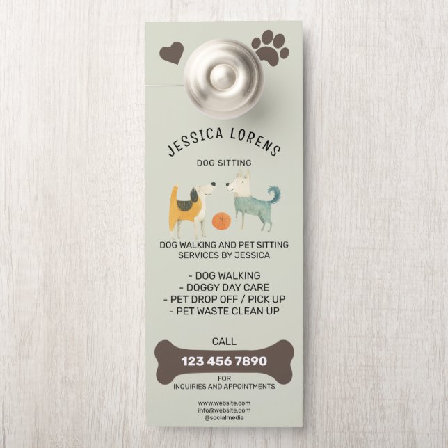 Affichette De Porte Cute Dog Walking Pet Puppy Sitting Services  (Sur le bouton)