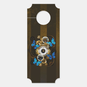 Affichette De Porte Engrenages à vapeur et papillons bleus