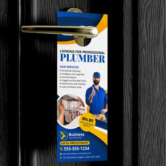 Affichette De Porte Entrepreneur en plomberie professionnel bleu (Créateur téléchargé)