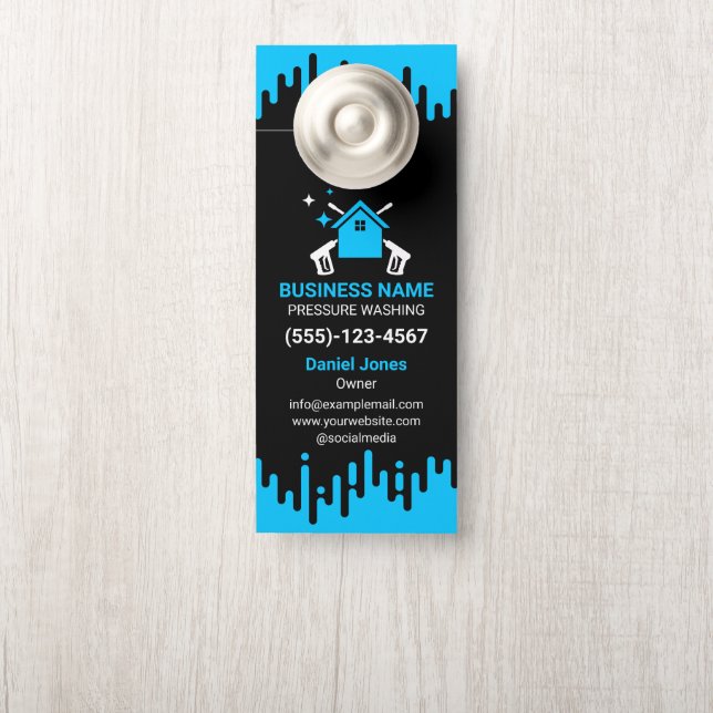Affichette De Porte Lavage professionnel à pression noir et bleu (Sur le bouton)