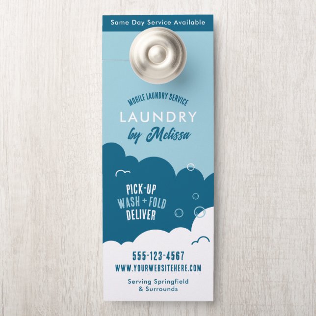 Affichette De Porte Modern Pick-Up Laundry Service Blue & White (Sur le bouton)