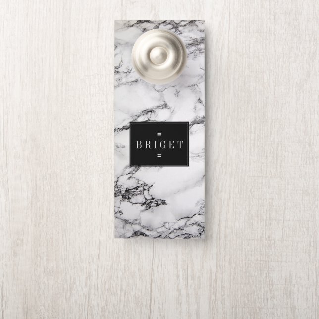 Affichette De Porte Monogramme Marbre Blanc Et Noir (Sur le bouton)
