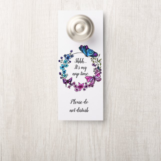 Affichette De Porte Papillon et fleurs Guillemets ou nom personnalisés (Sur le bouton)