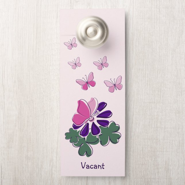 Affichette De Porte Papillon rose vert pourpre Nom du doodle (Sur le bouton)