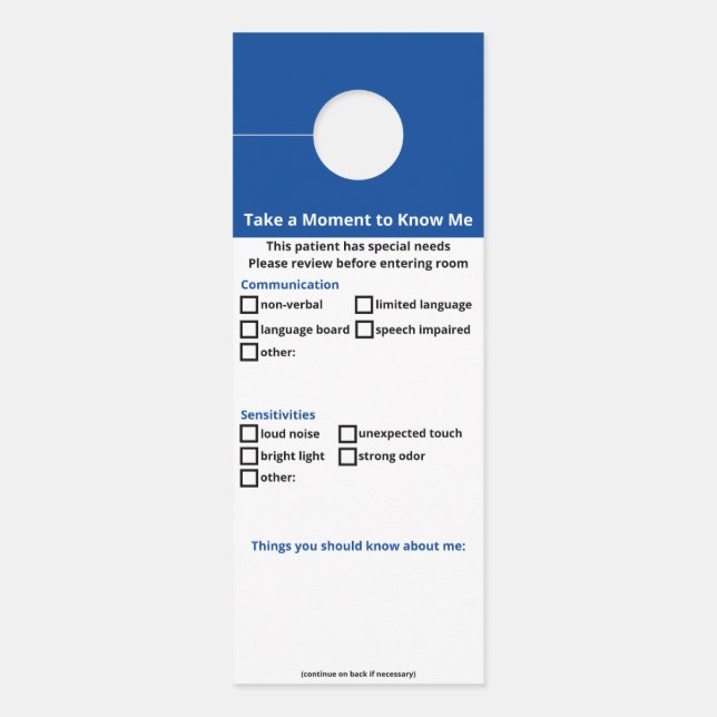 Affichette De Porte Patient pour les besoins spéciaux - aucune version (Devant)