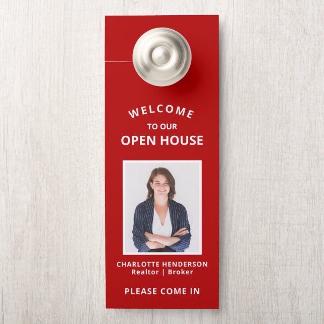 Affichette De Porte Red Welcome Open House Real Agent Photo (Sur le bouton)