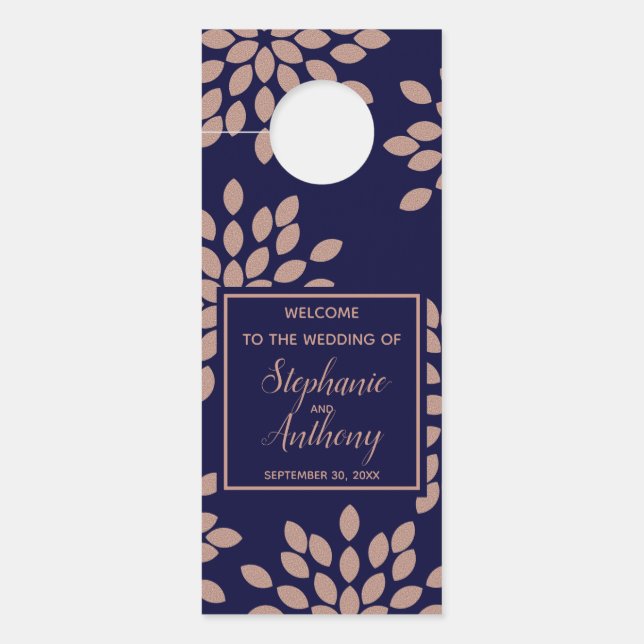 Affichette De Porte Rose bleu marine et Faux  or Mariage floral (Devant)