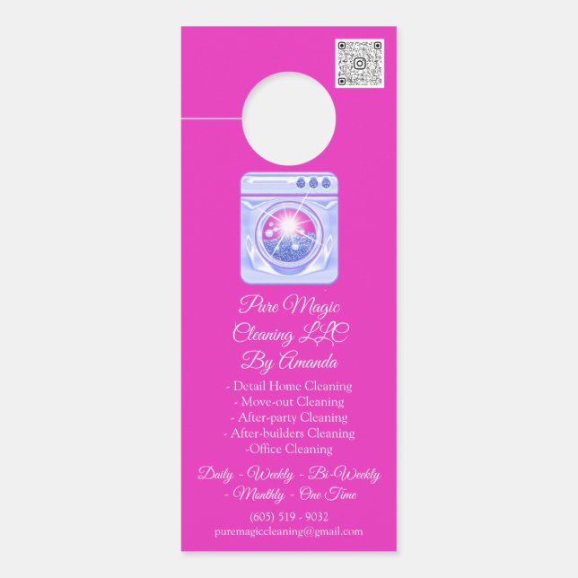 Affichette De Porte Service de nettoyage Lave-linge QRCode bleu rose (Devant)