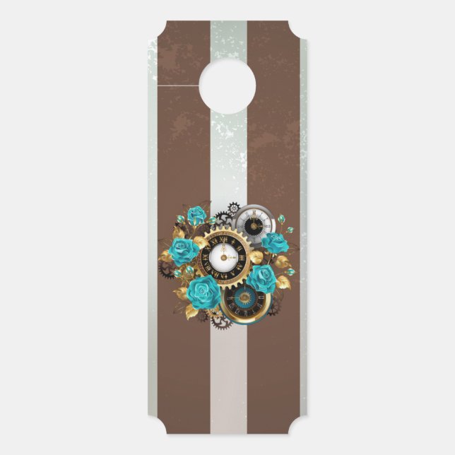 Affichette De Porte Steampunk Clock and Turquoise Roses on Striped (Devant)