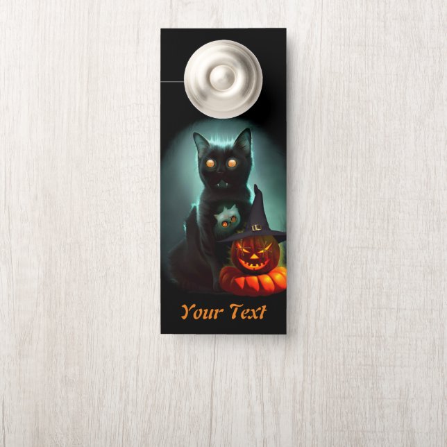 Affichette De Porte Vampire Chat et Assistant Citrouille Halloween Sur (Sur le bouton)