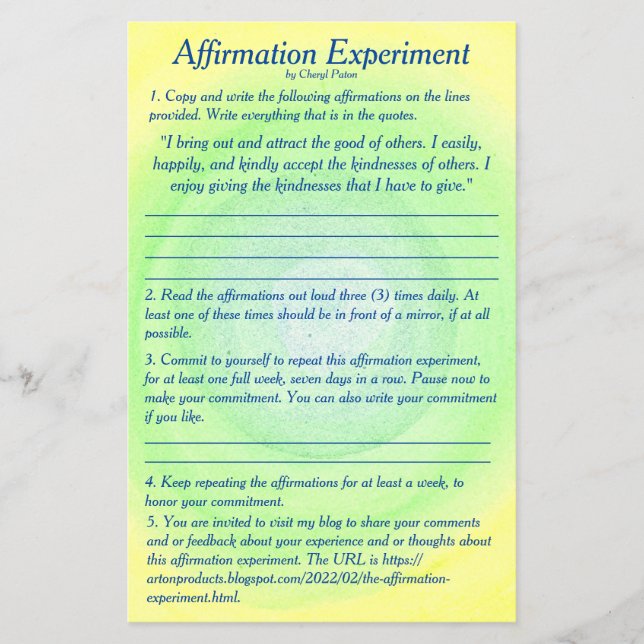 Affirmation Experiment by Cheryl Paton Flyer (Front)