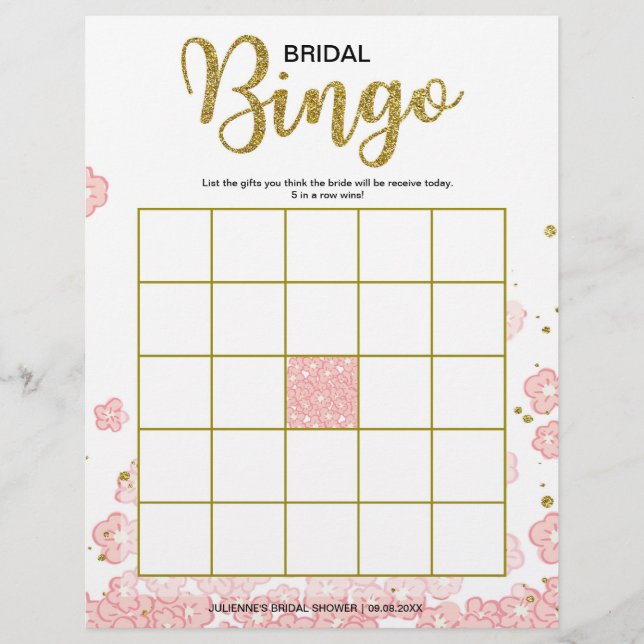 Affordable Bridal Shower Bingo | Pink and gold Flyer (Front)