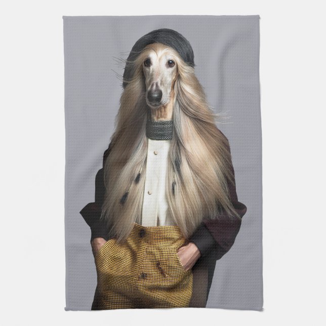 Afghan dog blond hair in trousers  kitchen towel (Vertical)
