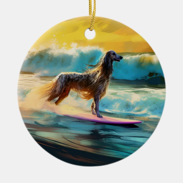Afghan Hound Beach Surfing Painting  Ceramic Ornament (Front)