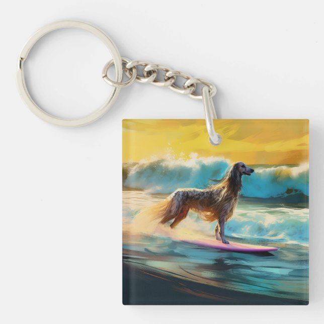 Afghan Hound Beach Surfing Painting  Keychain (Front)
