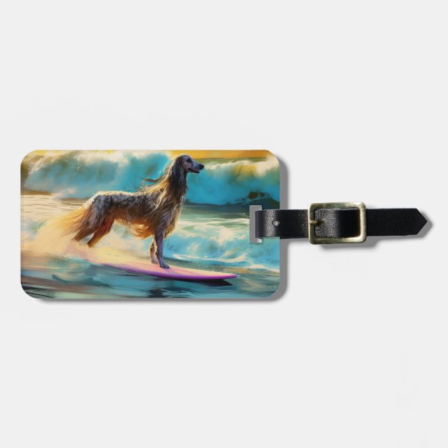 Afghan Hound Beach Surfing Painting  Luggage Tag (Front Horizontal)
