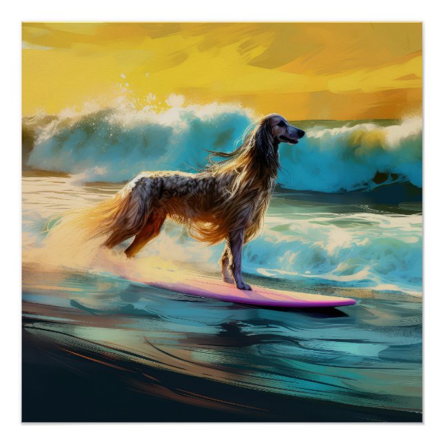 Afghan Hound Beach Surfing Painting  Poster (Front)