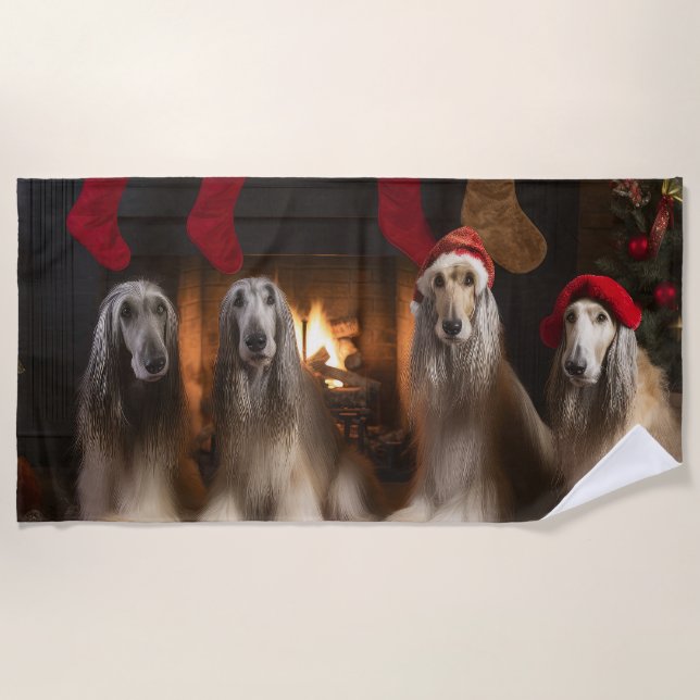 Afghan Hound by the Fireplace Christmas Beach Towel (Front)