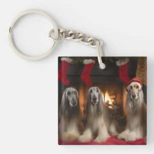 Afghan Hound by the Fireplace Christmas Keychain