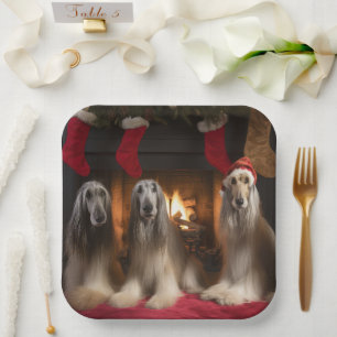 Afghan Hound by the Fireplace Christmas Paper Plate