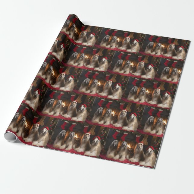 Afghan Hound by the Fireplace Christmas Wrapping Paper (Unrolled)