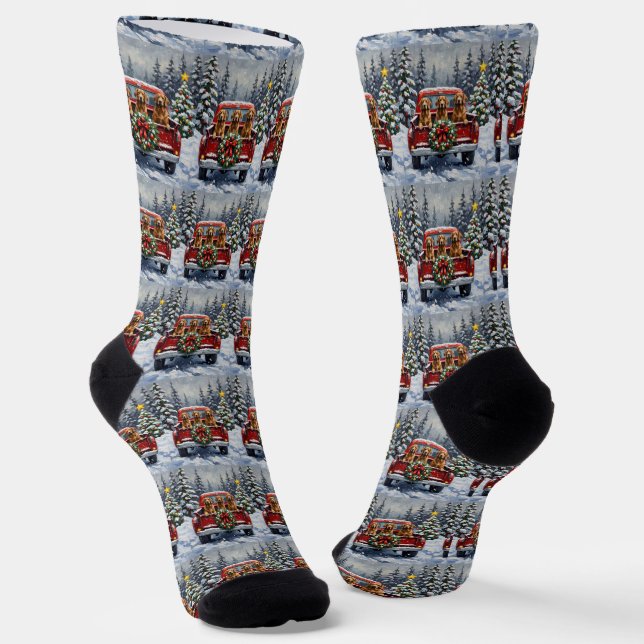 Afghan Hound Christmas Red Truck Holiday Socks (Angled)