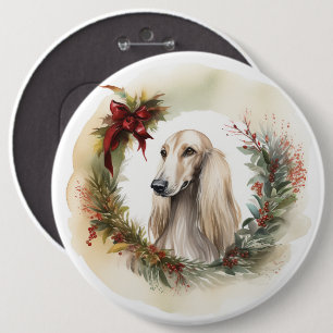 Afghan Hound Christmas Wreath Festive Pup 6 Inch Round Button