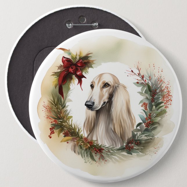 Afghan Hound Christmas Wreath Festive Pup  6 Inch Round Button (Front & Back)