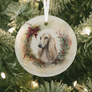 Afghan Hound Christmas Wreath Festive Pup  Glass Ornament