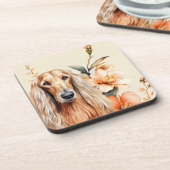 Afghan Hound Dog and Peach Lilies Coaster (Left Side)