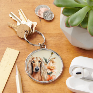 Afghan Hound Dog and Peach Lilies Keychain