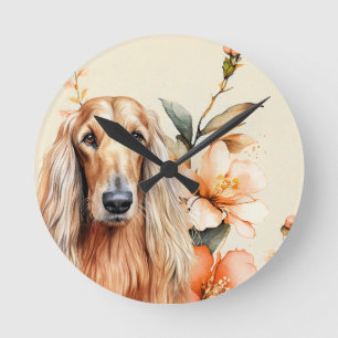 Afghan Hound Dog and Peach Lilies Round Clock