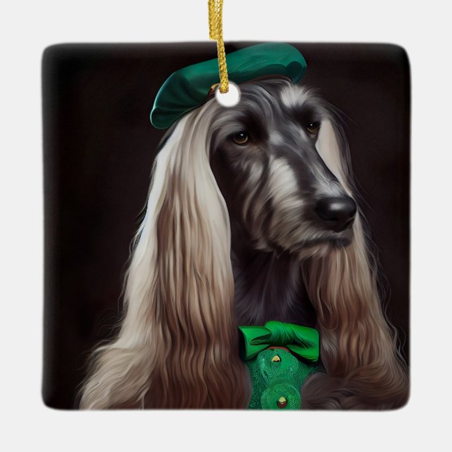 afghan hound dog in St. Patrick's Day Dress Ceramic Ornament (Front)