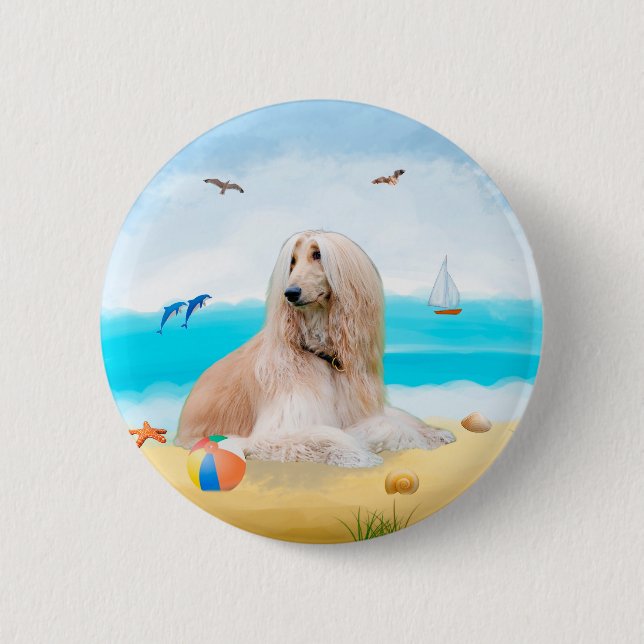 Afghan Hound Dog on Beach 2 Inch Round Button (Front)