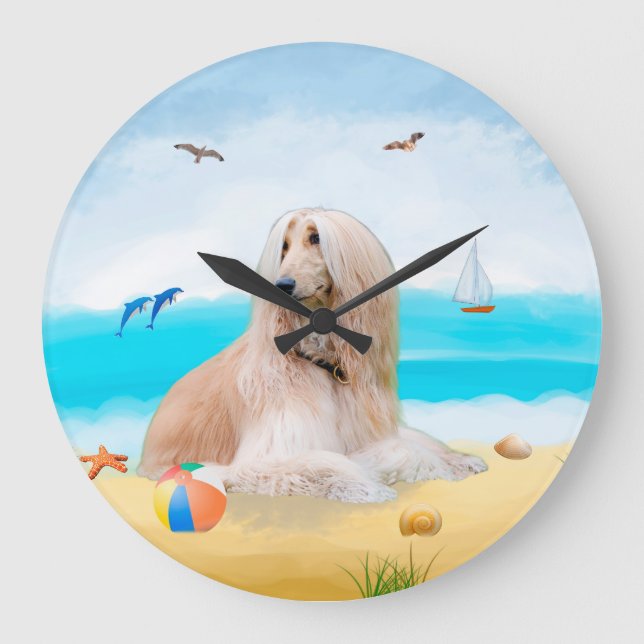 Afghan Hound Dog on Beach Large Clock (Front)