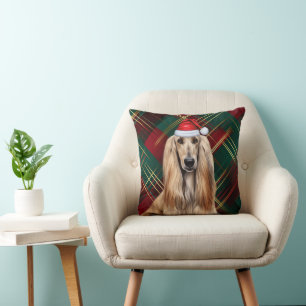 Afghan Hound Dog Red Plaid Christmas Holiday Throw Pillow