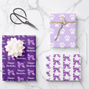 Afghan Hound Dog Silhouette Purple Happy Birthday Wrapping Paper Sheet