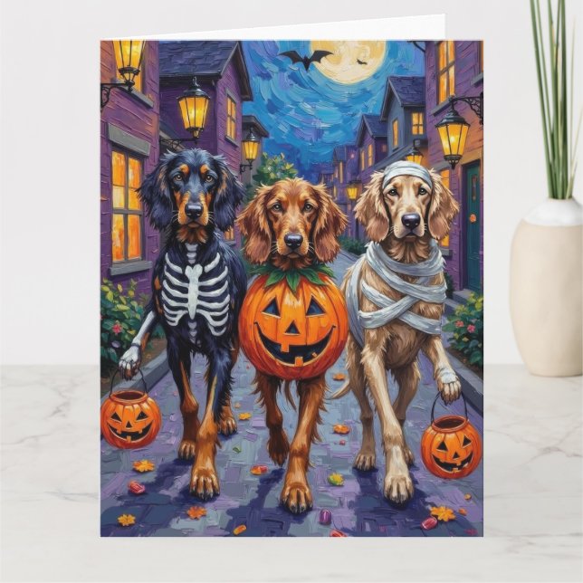 Afghan Hound Dogs Trick-or-Treating in Halloween Card (Front)