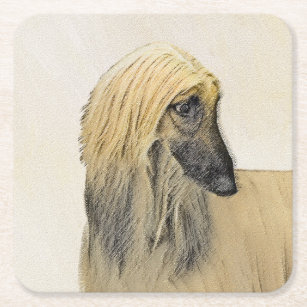 Afghan Hound Painting - Cute Original Dog Art Square Paper Coaster