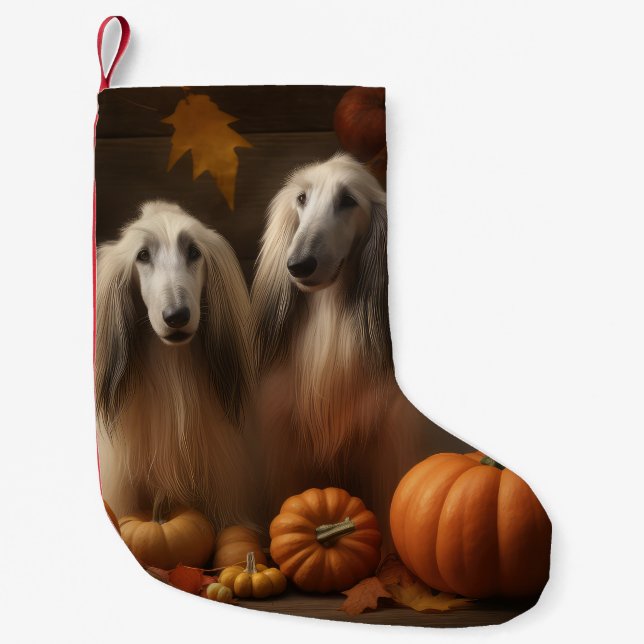 afghan hound Puppy Autumn Delight Pumpkin Small Christmas Stocking (Front)