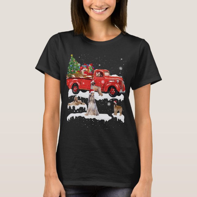 Afghan Hound Riding Red Truck Merry Christmas X-ma T-Shirt (Front)