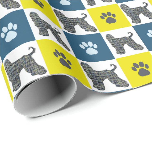 Afghan Hound Silhouette Dog & Paw Y&B Grid Wrapping Paper (Roll Corner)