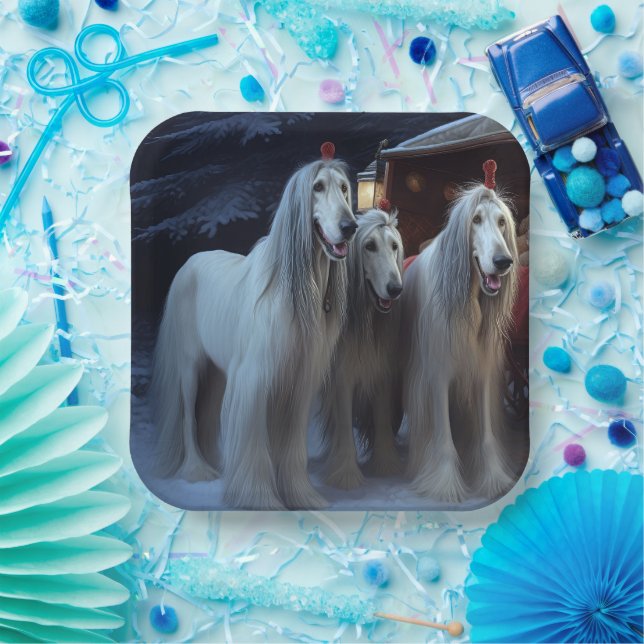 Afghan Hound Snowy Sleigh Ride Christmas Decor Paper Plate (Party)