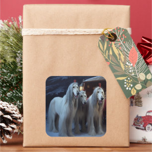 Afghan Hound Snowy Sleigh Ride Christmas Decor Square Sticker