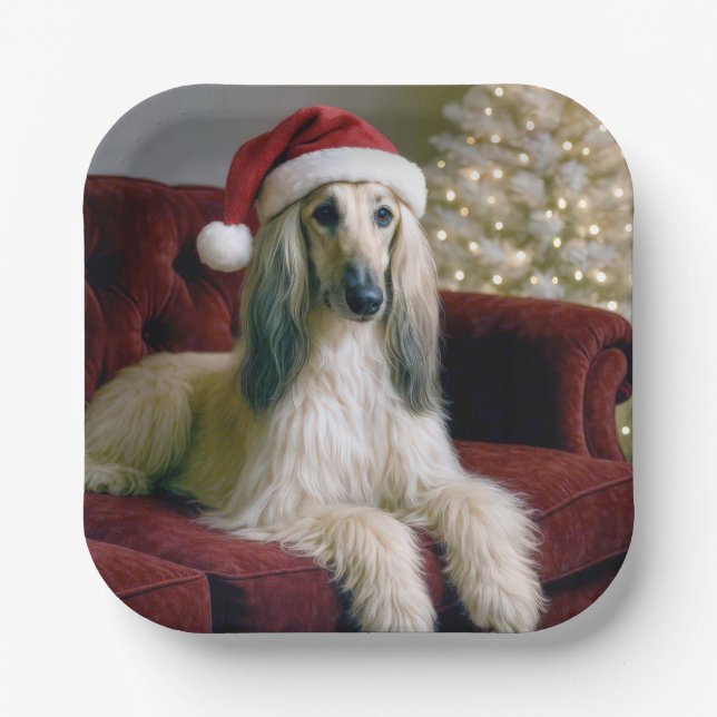 Afghan Hound Wearing a Santa Claus Hat Paper Plate (Front)