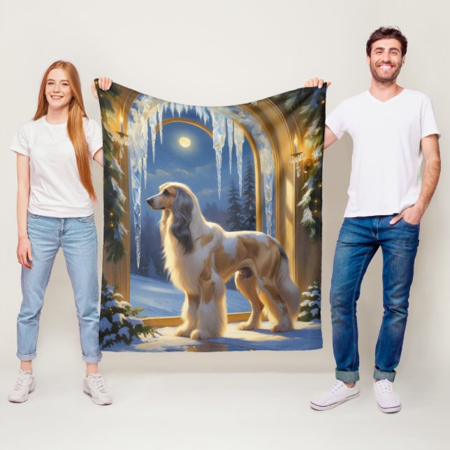 Afghan Hound With Christmas Lights Holiday Fleece Blanket (In Situ)