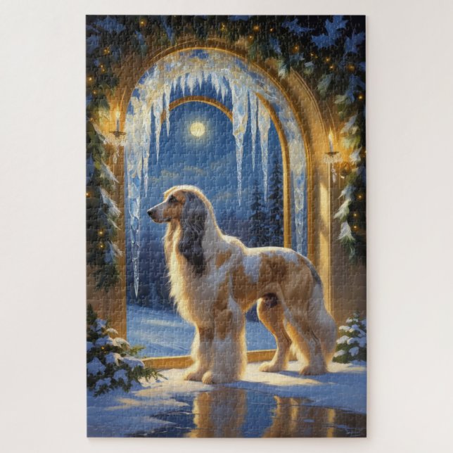 Afghan Hound With Christmas Lights Holiday Jigsaw Puzzle (Vertical)