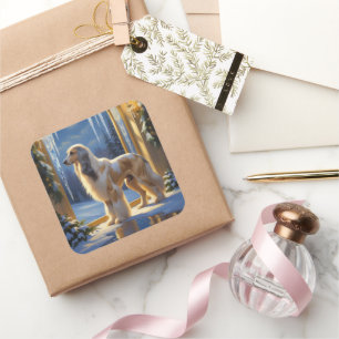 Afghan Hound With Christmas Lights Holiday Square Sticker