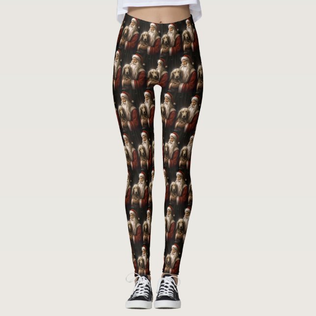 Afghan Hound with Santa Claus Festive Christmas Leggings (Front)